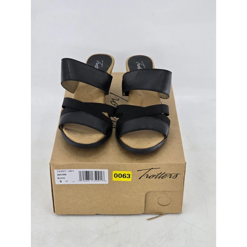 Trotters Maxine Sandals Women 9 W Black Leather Strappy Block Heel - NEW